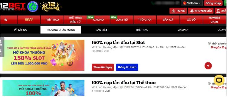 12BET tặng thưởng miễn phí